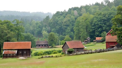   Red barns line a verdant hillside, overlooking a dense forest of towering trees