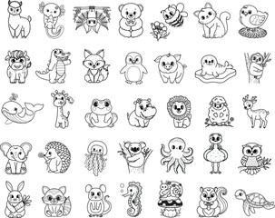 35 cute animals with editable strokes. Vector illustration.