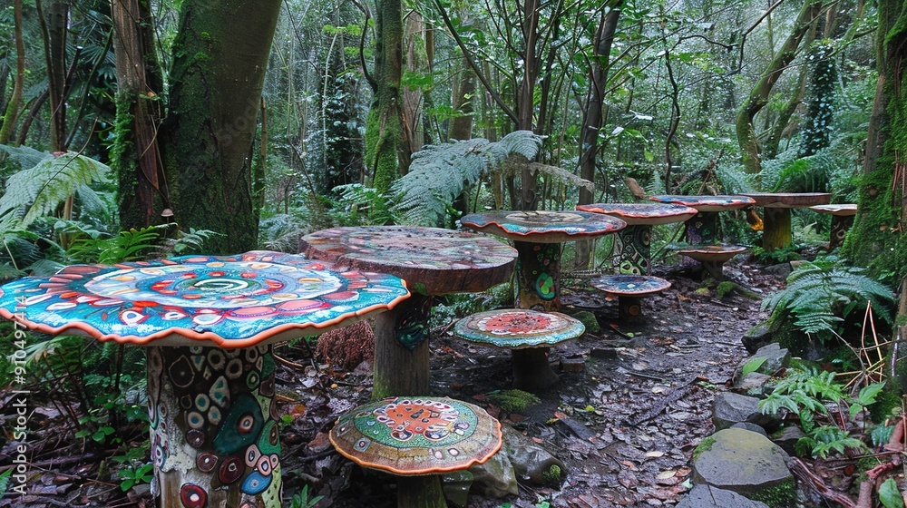 Poster a lush forest brimming with diverse trees sporting an array of vibrant tablecloths and seating optio