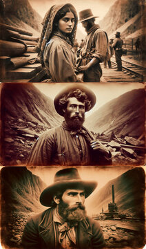 Three evocative photographs of miners from the California Gold Rush (1848&ndash;1855). These historic images, rich in detail, showcase the daily life and relentless pursuit of fortune in the untamed West.