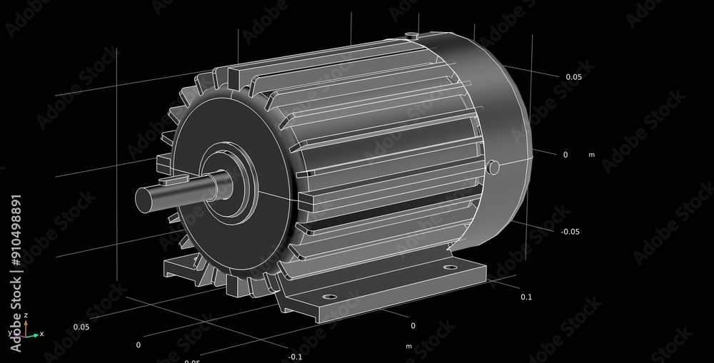 Poster computer 3d modeling of the motor using a computer aided design system. engine model. calculation gr