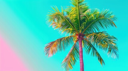   A palm tree against a blue sky with a blend of pink and blue hues in the background and foreground