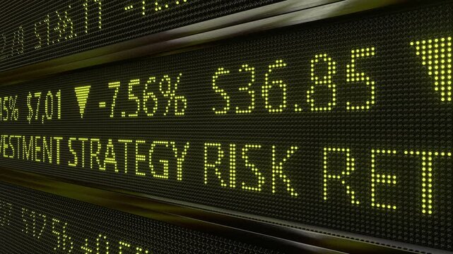 Investment Strategy risk return success Stock market indicators. Digital shares tickers data price display panel trading financial report.
