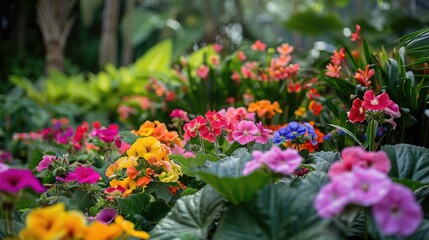 A garden full of colorful flowers with a bright and cheerful mood. The flowers are of various colors, including pink, yellow, and orange. The garden is well-maintained and he is a peaceful