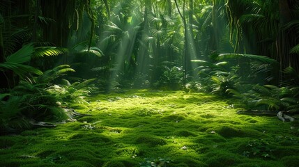 Obraz premium A lush green forest with sunlight shining through the trees