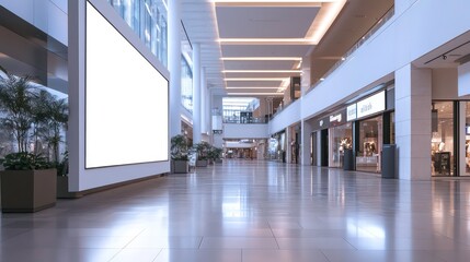 Empty mall corridor with large blank billboard for advertising.