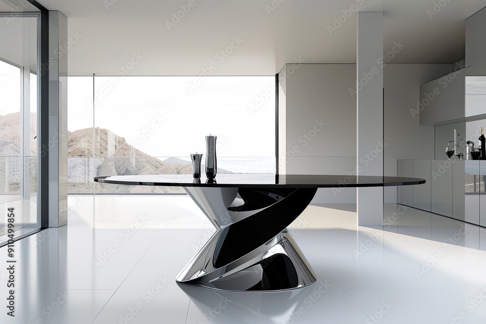 Poster a large, modern table with a unique design sits in a large, open room with a view of the ocean