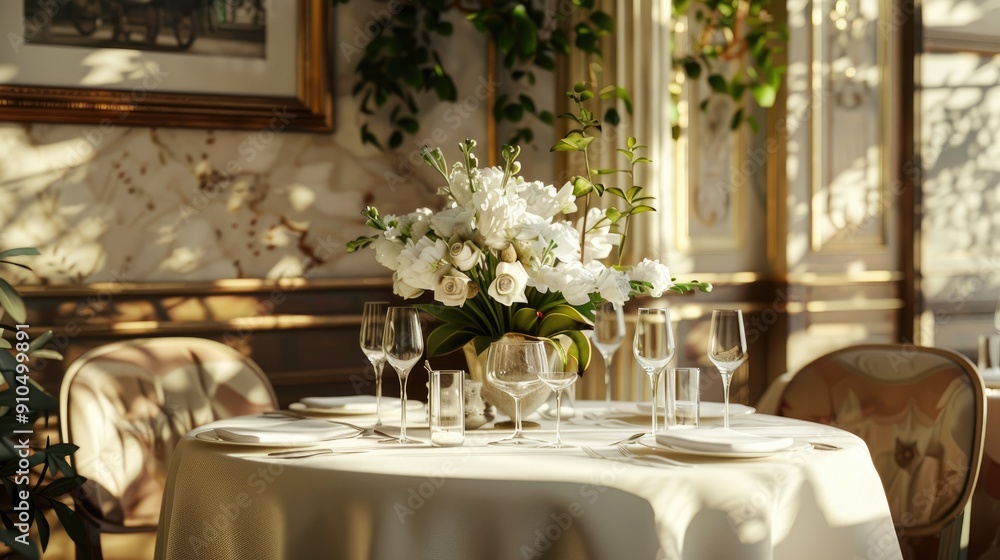 Aufkleber a table with a white tablecloth and a vase of flowers in the center. there are several wine glasses 