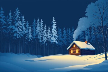 Naklejka premium A vector illustration of a cozy cabin nestled in the woods during winter, surrounded by snow-covered trees. The cabin has a smoking chimney, adding a warm and inviting feel to the cold, snowy scene.