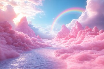 A candy landscape with pink mountains, rainbow and fluffy clouds, sugar river. Generative AI