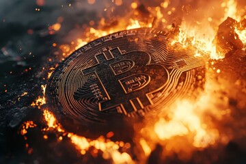 A concept image showing Bitcoin cryptocurrency crashing, represented by flames surrounding a Bitcoin symbol. The scene conveys a sense of financial turmoil and loss.

