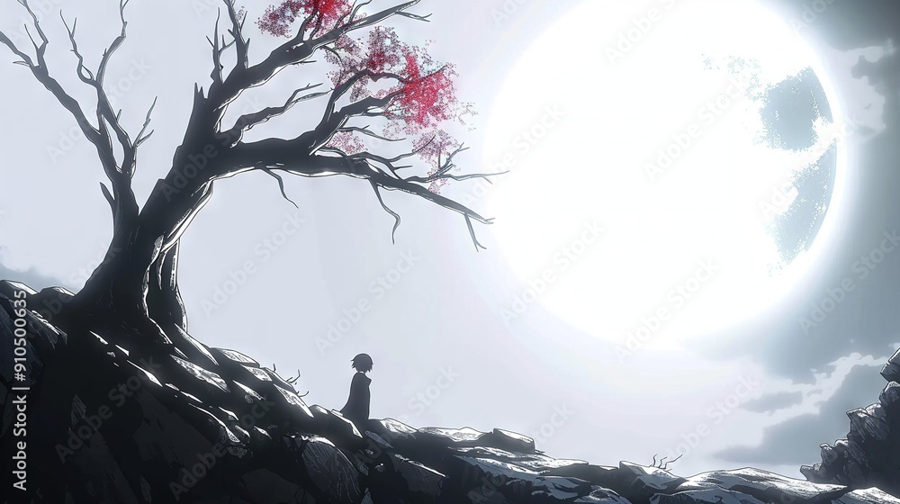 Poster a person in front of a red tree with a full moon behind