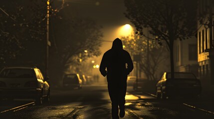 Runner jogging through a quiet suburban street at night