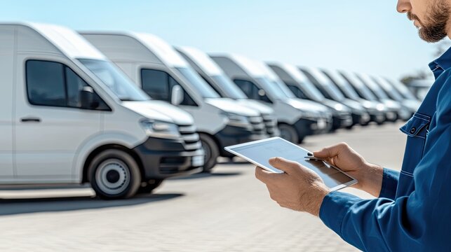 A manager examines a tablet, checking fleet details of white delivery vans parked neatly in a commercial lot under clear blue skies