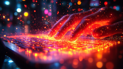 focused hand types on a laptop keyboard, symbolizing productivity and modern work culture. The empty cap on the table suggests creativity and intellectual engagement in a dynamic digital environment