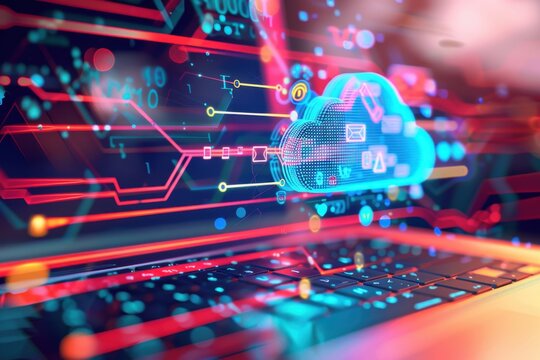 A digital illustration of cloud computing technology with icons and data flowing through it, on top of an open laptop screen Generative AI