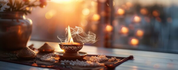 Naklejka premium Religious table set for a ceremony with sacred objects and offerings, Spiritual, Soft hues, Photography