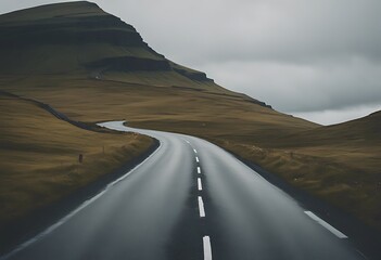 Naklejka premium long country islands straight faroe road background beautiful cloud curve dark darkness dawn dusk evening fantasy fog foggy free highway hill landscape loneliness mist misty mood morning motion