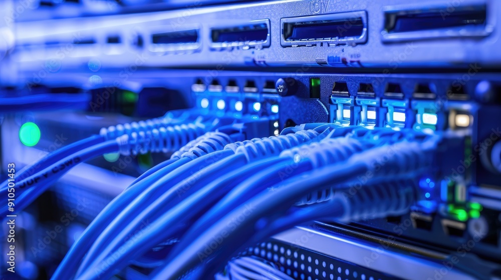Poster a blue and white computer network with many cables. the cables are connected to a server and a route
