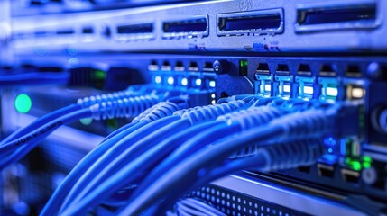 A blue and white computer network with many cables. The cables are connected to a server and a router