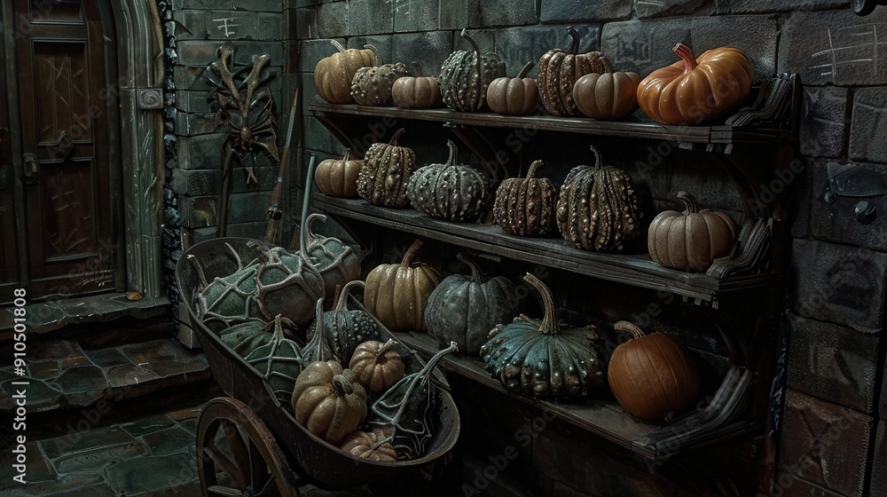 Poster   A pumpkin and gourd display on a room's shelf, framed by stone walls and a doorway