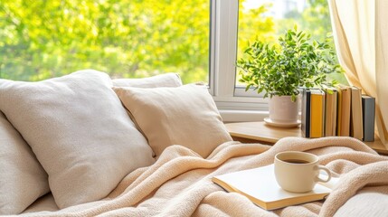 A serene reading nook features soft pillows, a warm blanket, a cup of tea, and a sunny window with greenery outside, inviting relaxation and comfort