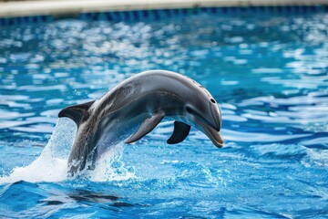 Obraz premium A dolphin leaps out of the water in a pool. Concept of freedom and joy as the dolphin soars through the air