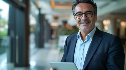 Fototapeta premium a man in a blue suit and white shirt smiling at the camera with his hands in his pockets and his right hand in his pocket