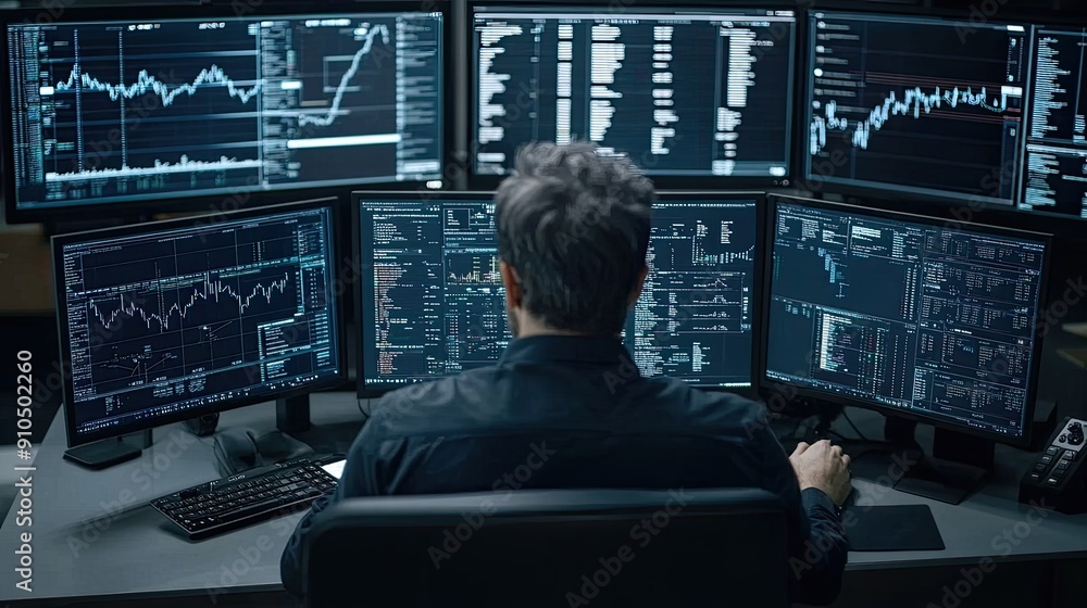 Aufkleber a data analyst examines financial charts and graphs on several computer screens in a contemporary of