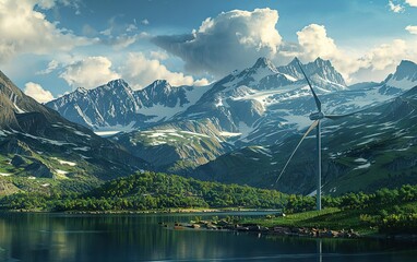   A stunning painting of a mountain range with a tranquil lake in the foreground and a wind turbine in the background, capturing the essence of nature's power