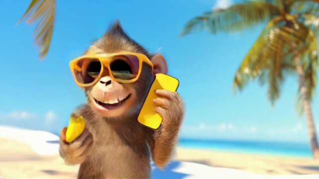 Mischievous animated monkey wearing sunglasses and holding a phone and banana on a tropical beach. concept of fun and vacation vibes