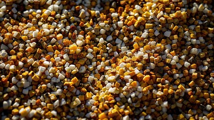   A mixture of yellow, white, and brown rocks with small rocks scattered throughout the larger rocks