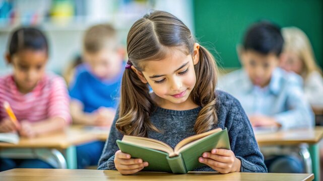 Young girl reading book in classroom with focus on tex.
