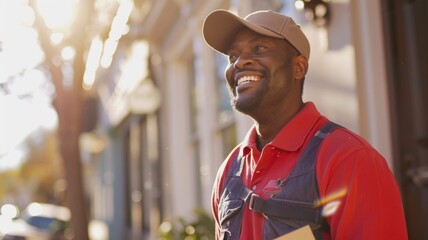 A postal worker smiling as they deliver letters and packages on a sunny day,