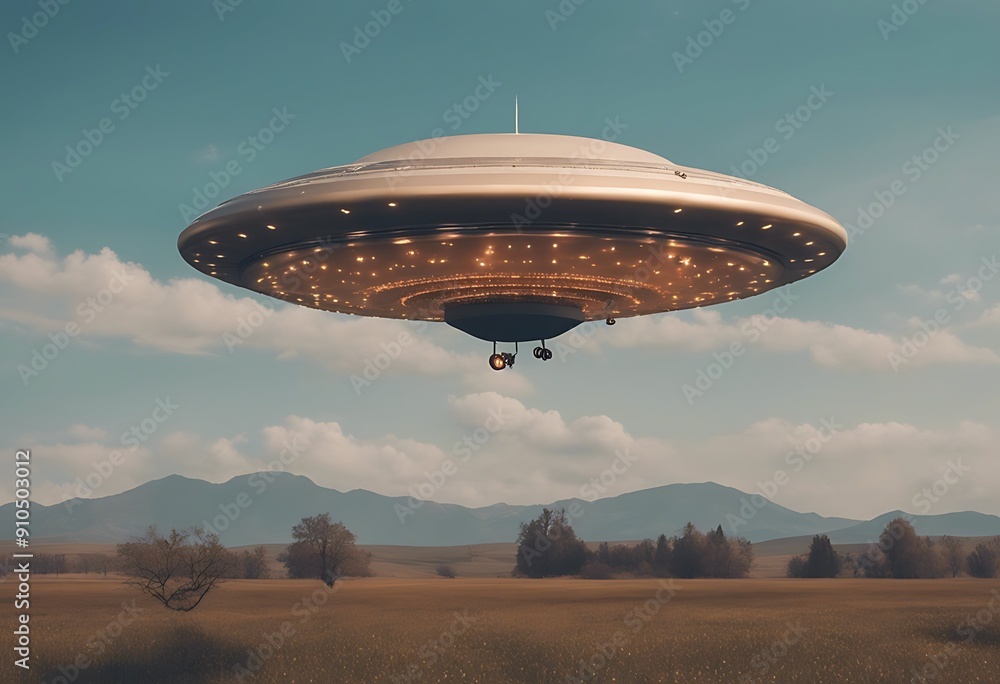 Wall mural sky ufo background space spaceship flying saucer alien chrome object spacecraft futuristic travel fu
