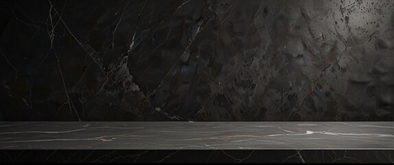 Grey marble tabletop with a dark black cement background, ideal for showcasing products in a rustic and luxurious setting. Perfect for party promotions and displays with ample copy space
