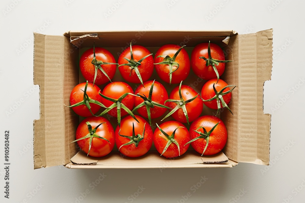 Poster a box of tomatoes with a white background. the tomatoes are in a row and are all the same size