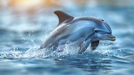 Fototapeta premium A dolphin leaps from water with mouth agape and head above surface