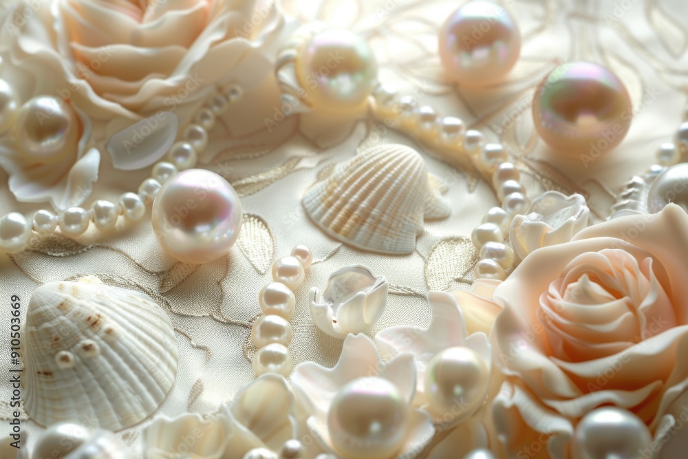 Poster close-up of pearls and flowers arranged on a table