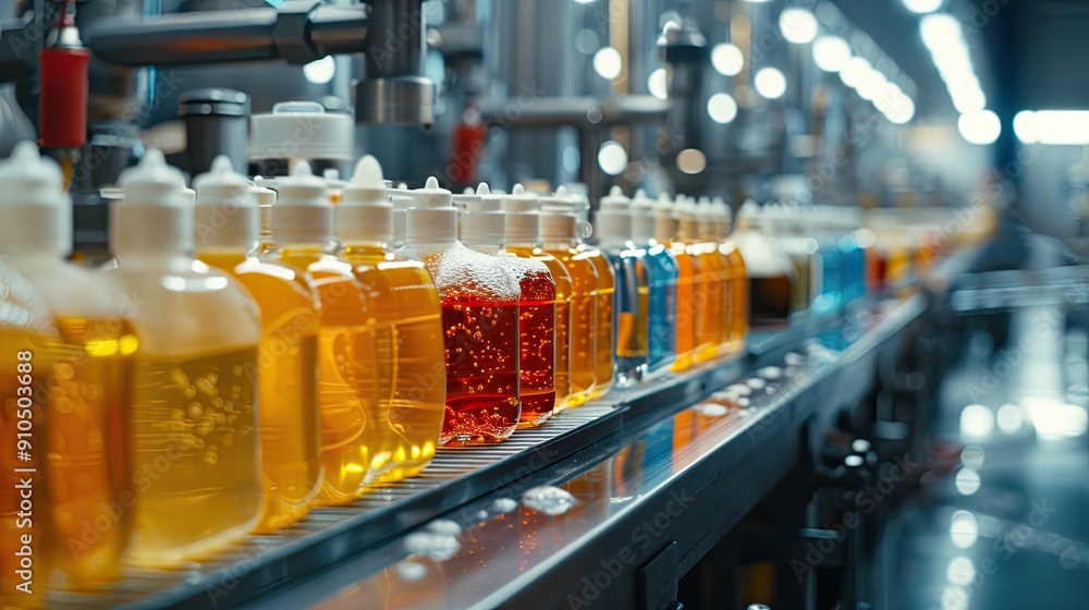 Poster a row of bottles with different colored liquids on a conveyor belt. the bottles are lined up in a ro