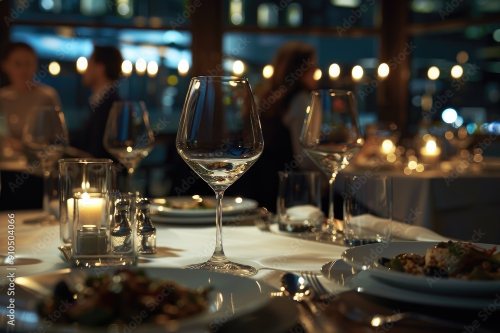 Poster a table set with plates and wine glasses for a formal dinner or special occasion