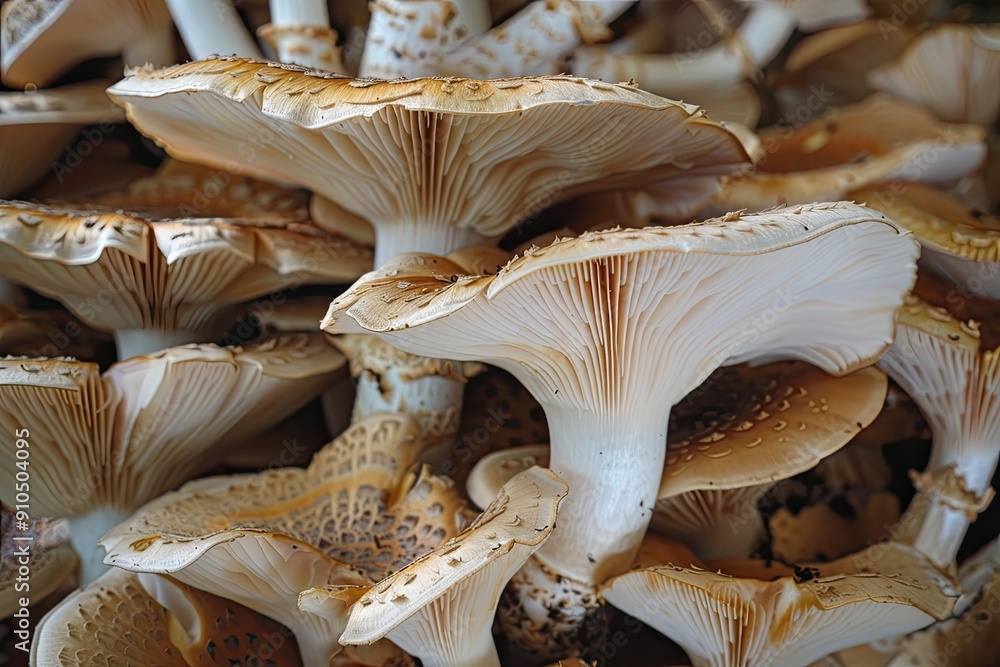 Poster a close up of mushrooms with a brownish color. the mushrooms are clustered together and have a fuzzy