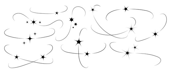Sparks, line set y2k aesthetics. Magic glitter collection with border. Stars, curves contour. Twinkle, starburst and bling stardust shapes. Black elements, arc. Modern abstraction. Vector illustration