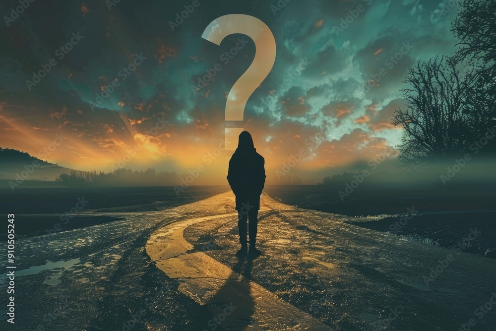 Poster a person stands at a crossroad with a question mark, pondering their next move