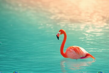 Naklejka premium A pink flamingo stands under the bright sun.