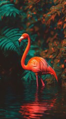 Fototapeta premium A pink flamingo stands under the bright sun.