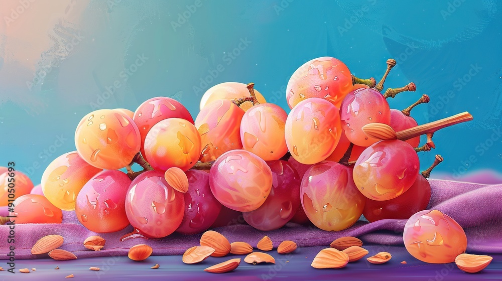 Aufkleber a depiction of an array of grapes on a purple fabric against a azure backdrop with a sky above