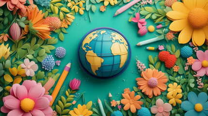Earth Globe Surrounded by Paper Flowers and Leaves