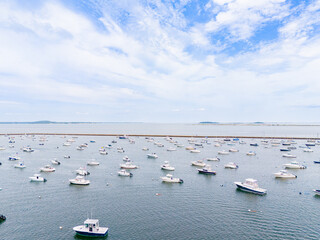 Obraz premium Drone photo Plymouth Massachusetts, boats moored in the water