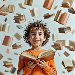 Niño sonriente leyendo un libro, con varios libros flotando en el fondo. Foto divertida. Aprendizaje creativo